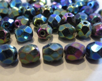 6mm Faceted Round Green Iris Czech Glass Beads Fire Polished 25pc