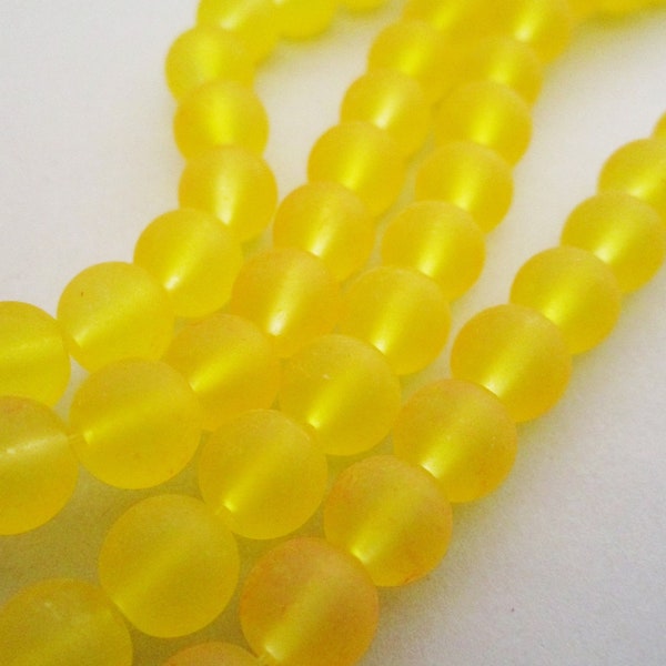 8mm Round Frosted Yellow Sea Glass Beads 51pc