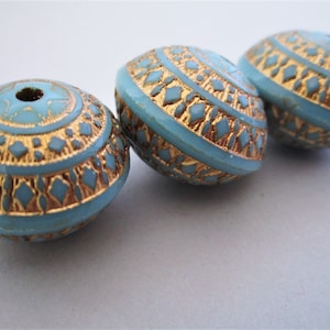 23x17mm Saucer Rondelle Opaque Blue Gold Inlay Carved Acrylic Beads 5pc