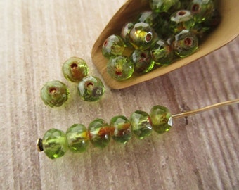 3x5mm Faceted Rondelle Green Avocado Picasso Czech Glass Beads Fire Polished 30pc