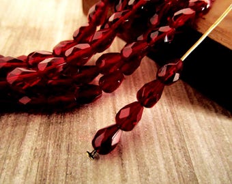 7x5mm Faceted Teardrop Garnet Red Czech Glass Beads Fire Polished Drops 25pc