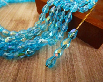 7x5mm Faceted Teardrop Aqua AB Blue Czech Glass Beads Fire Polished Drops 25pc