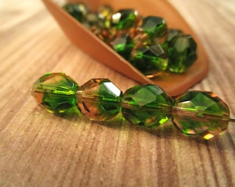 8mm Faceted Round Emerald Rose Czech Glass Beads Green Pink 20pc