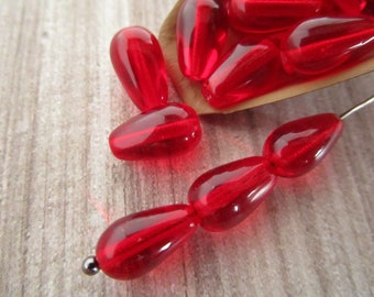 10x6mm Teardrop Transparent Siam Red Czech Glass Beads 25pc