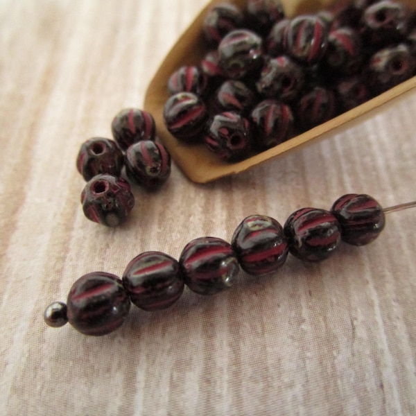 4mm Melon Black Jet Picasso Red Wash Czech Glass Beads Fluted Round 50pc