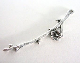 15 Tree Branch Charm 47mm Antique Silver Tone with Flower