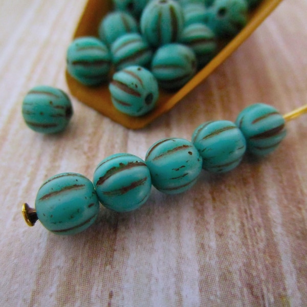 5mm Melon Opaque Matte Sea Green Brown Wash Czech Glass Beads Fluted Round 25pc