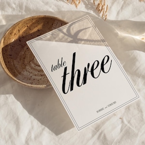 May include: White table number card with black border and text. The card says "table three" in a black cursive font. The card is on a white fabric surface with a brown speckled bowl and a glass of water.