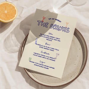 Plantilla de menú dibujada a mano, plantilla de menú ilustrado para bar de bodas, tarjeta de menú personalizada, divertida, retro, original y manuscrita, editable e imprimible.