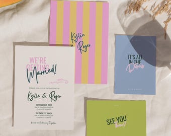 Retro Wedding Invitation Template – Colorful Modern Invite Suite with RSVP & Details – Digital Download – Summer Wedding Aesthetic -KY10