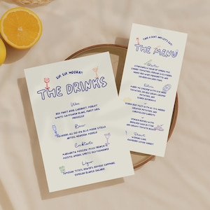 Plantilla de menú dibujada a mano, paquete de plantillas de menú ilustrado para bar y cena de boda, escrita a mano, divertida, peculiar, retro, personalizable, garabato, imprimible