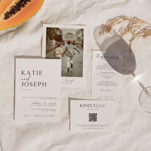 Elegante Hochzeitseinladungsreihe, modernes Minimaleinladungs-Fotoset, Detailkarte, moderner QR-Code Rsvp, bearbeitbares digitales Vorlagenpaket