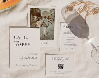 Elegant Wedding Invitation Suite, Modern Minimal Invite Photo Set, Details Card, Modern QR Code RSVP Editable Digital Templates Bundle -KA10