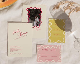 Modern Wedding Invitation Template, Retro Colorful Vintage Bright Bold Whimsical Stationery Invitation, Printable Digital, Wavy Border -AM10
