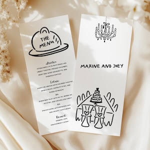 Modèle de Menu de dîner de mariage manuscrit dessiné à la main, carte de menu de dîner de fête illustrée personnalisée Unique rétro lunatique amusante