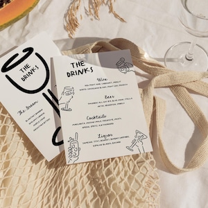 Plantilla de menú de bar de boda con garabatos manuscritos y dibujados a mano, menú de bebidas ilustrado, único, divertido y personalizado, con un toque retro y caprichoso, digital editable e imprimible.