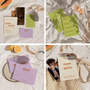 May include: A set of wedding invitations with a modern, minimalist design. The invitations are printed on white cardstock with orange and brown text. The invitations feature the names "Olivia and Mateo" and the date "Saturday, September 18, 2023".