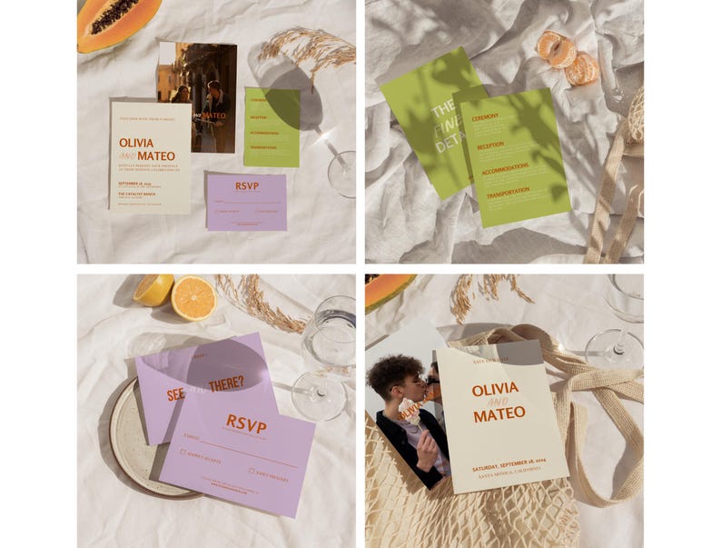 May include: A set of wedding invitations with a modern, minimalist design. The invitations are printed on white cardstock with orange and brown text. The invitations feature the names "Olivia and Mateo" and the date "Saturday, September 18, 2023".