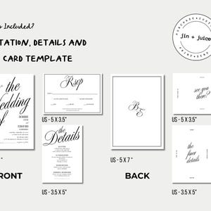 May include: A printable wedding invitation, details card, and RSVP card template. The invitation is 5x7 inches, the details card is 3.5x5 inches, and the RSVP card is 5x3.5 inches. The cards feature a simple, elegant design with black calligraphy on a white background.