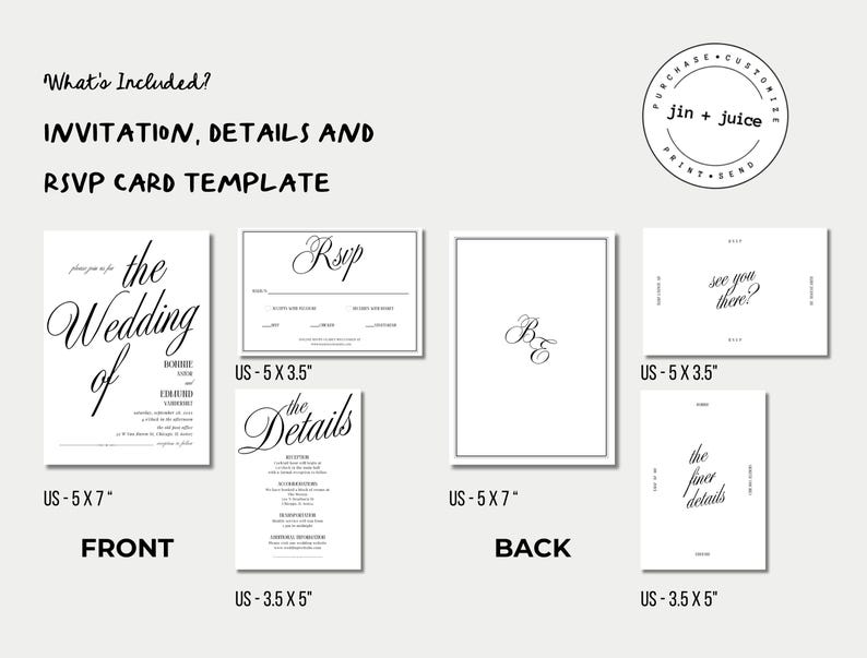 May include: A printable wedding invitation, details card, and RSVP card template. The invitation is 5x7 inches, the details card is 3.5x5 inches, and the RSVP card is 5x3.5 inches. The cards feature a simple, elegant design with black calligraphy on a white background.