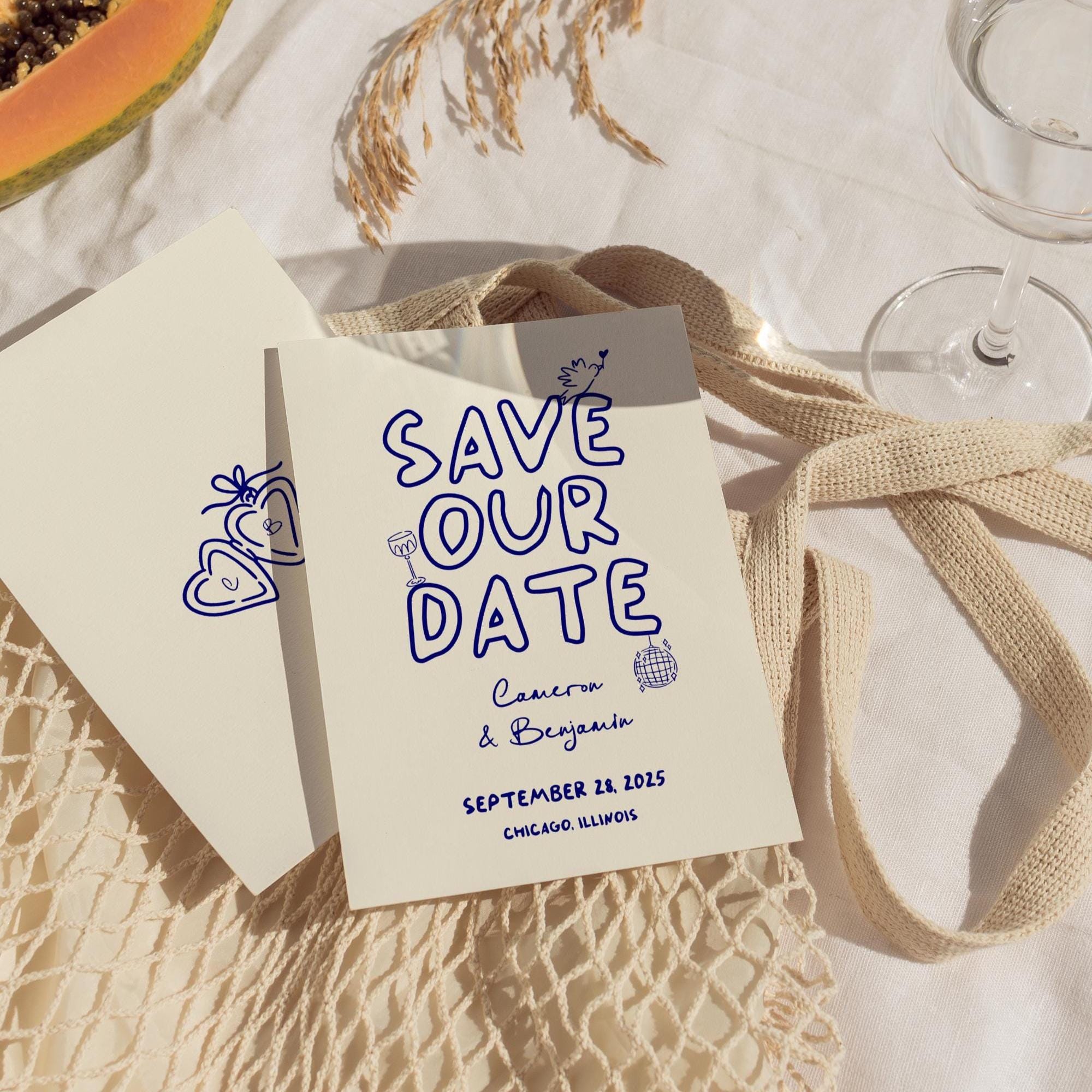 Modern Wedding Save the Date Template, Retro Colorful Vintage Hand Written Whimsical Stationery Invitation, Printable Digital Download -CA10