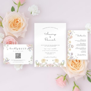 Summer Wildflower Wedding Invitation Set Whimsical Floral Invitation Suite Template Wedding Invitation Template Bundle Garden Wedding -AV10