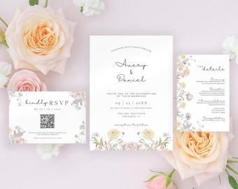 Wildflower Wedding Invitation Set – Floral Template Bundle (Digital Download) -AV10