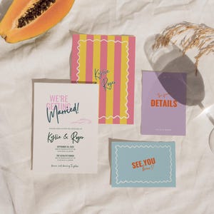 Mall för retro färgglad bröllopsinbjudan, vintage funky inbjudningsset - KY10