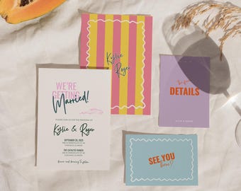 Retro Colorful Wedding Invitation Template, Vintage Funky Invite Set -KY10