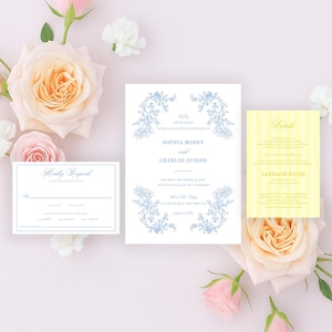 Dusty Blue Wedding Invitation Suite Coquette Wedding Classic French Blue Vintage Calligraphy Garden Wedding Stationery Editable Canva -SO10