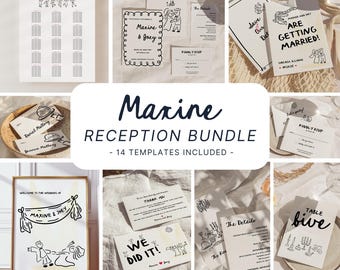 Paquete de papelería original para la recepción de bodas • Diseño retro estilo doodle, plantilla editable de Canva (descarga digital) -MA10