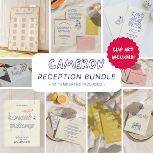 Pode incluir: Uma coleção de modelos de papelaria de casamento, incluindo convites, cartões save-the-date e um mapa de assentos. Os designs apresentam ilustrações e texto em azul e amarelo, com as palavras "Cameron Reception Bundle" em destaque.
