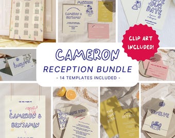 Whimsical Illustrated Hand-Drawn Wedding Reception Bundle • Editable Canva Templates • Retro Wedding Signage & Stationery Set -CA10