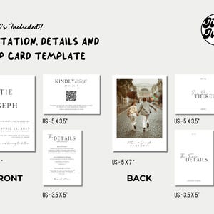Elegant Wedding Invitation Suite, Modern Minimal Invite Photo Set, Details Card, Modern QR Code RSVP Editable Digital Templates Bundle -KA10 image 5