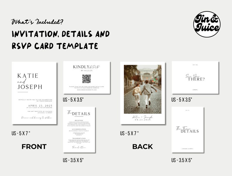 Elegant Wedding Invitation Suite, Modern Minimal Invite Photo Set, Details Card, Modern QR Code RSVP Editable Digital Templates Bundle -KA10 image 5