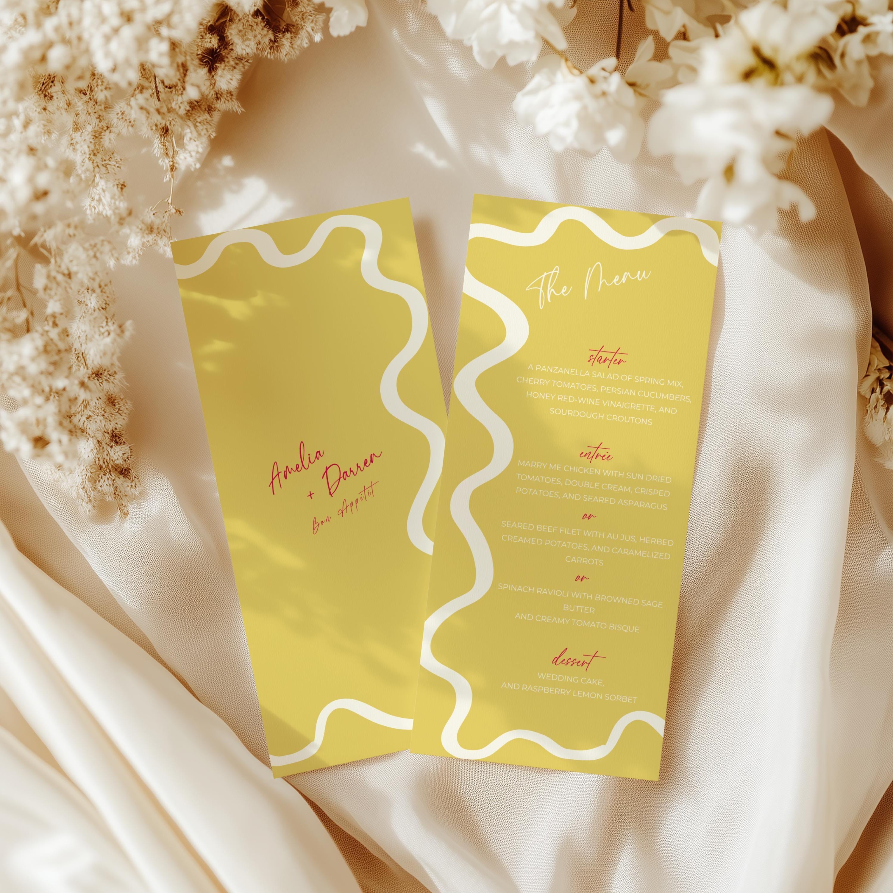 Retro Wavy Wedding Dinner Menu Template, Printable Canva Colorful Modern Dinner Menu Card - Editable Reception Menu Download -AM10