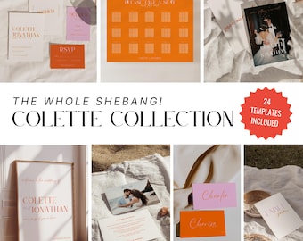 May include: A collage of images showcasing wedding stationery templates in a modern, minimalist style with a peach and orange color scheme. The text "The Whole Shebang! Colette Collection" is featured in a bold, black font. The text "24 Templates Included" is featured in a white font on a red circle.