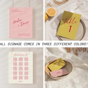 Pode incluir: Conjunto de sinaliza&ccedil;&atilde;o de casamento com papel&atilde;o rosa, amarelo e creme. O sinal de boas-vindas diz "Bem-vindos ao nosso casamento, Amalia + Darren, 28 de setembro de 2024, Malibu, Calif&oacute;rnia". O sinal de n&uacute;mero de mesa diz "Mesa 1". O mapa de assentos diz "Por favor, encontre seu lugar".