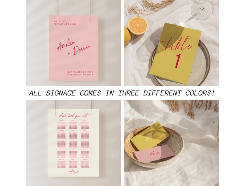 Pode incluir: Conjunto de sinaliza&ccedil;&atilde;o de casamento com papel&atilde;o rosa, amarelo e creme. O sinal de boas-vindas diz "Bem-vindos ao nosso casamento, Amalia + Darren, 28 de setembro de 2024, Malibu, Calif&oacute;rnia". O sinal de n&uacute;mero de mesa diz "Mesa 1". O mapa de assentos diz "Por favor, encontre seu lugar".