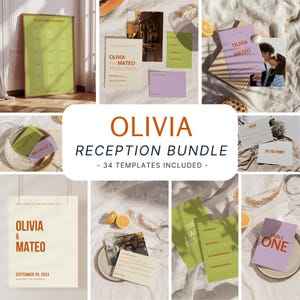 Paquete de recepción de boda colorida • Paquete de señalización retro minimalista moderna • Plantillas de Canva editables -OL10