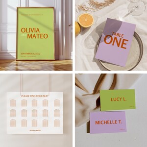 May include: A set of wedding table cards with a green, yellow, and purple color scheme. The cards feature the text "Table One", "Lucy L.", and "Michelle T." in orange text.