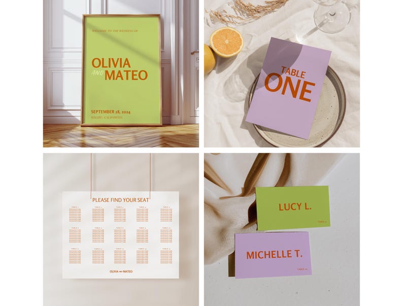 May include: A set of wedding table cards with a green, yellow, and purple color scheme. The cards feature the text "Table One", "Lucy L.", and "Michelle T." in orange text.