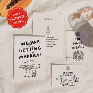 Handwritten Illustrated Wedding Invitation Suite Template, Quirky Hand Drawn Whimsical Wedding Invite Set, Digital Download Editable -VI10