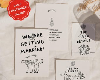 Handwritten Illustrated Wedding Invitation Suite Template, Quirky Hand Drawn Whimsical Wedding Invite Set, Digital Download Editable -VI10