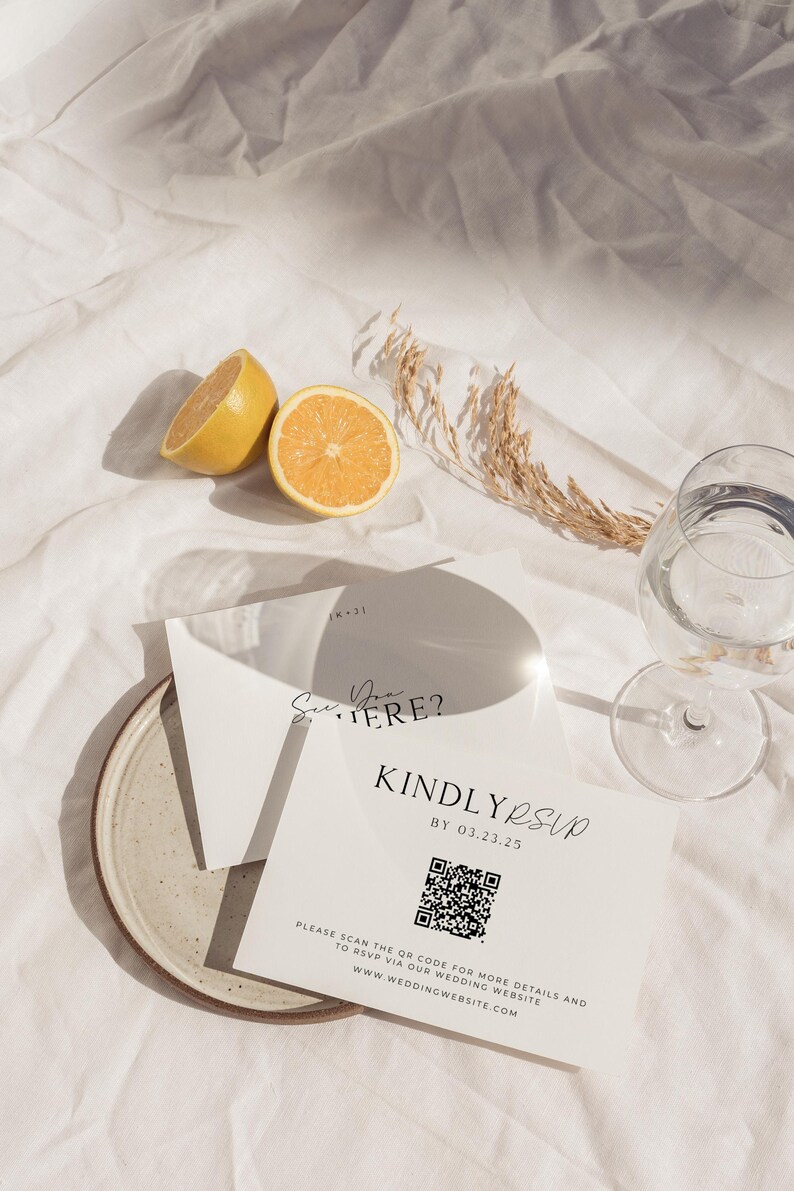 May include: A white card with black text that reads "See you there?" and "Kindly RSVP by 03.23.25". A QR code is included with the text "Please scan the QR code for more details and to RSVP via our wedding website www.weddingwebsite.com".