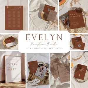 Op de afbeelding: Een trouwstationery-set met 14 sjablonen in terracotta en wit. De collectie bevat een tafelindeling, save-the-date kaarten, receptiedetails en tafelnummers met de tekst Evelyn and Harry, Evelyn Reception Bundle.