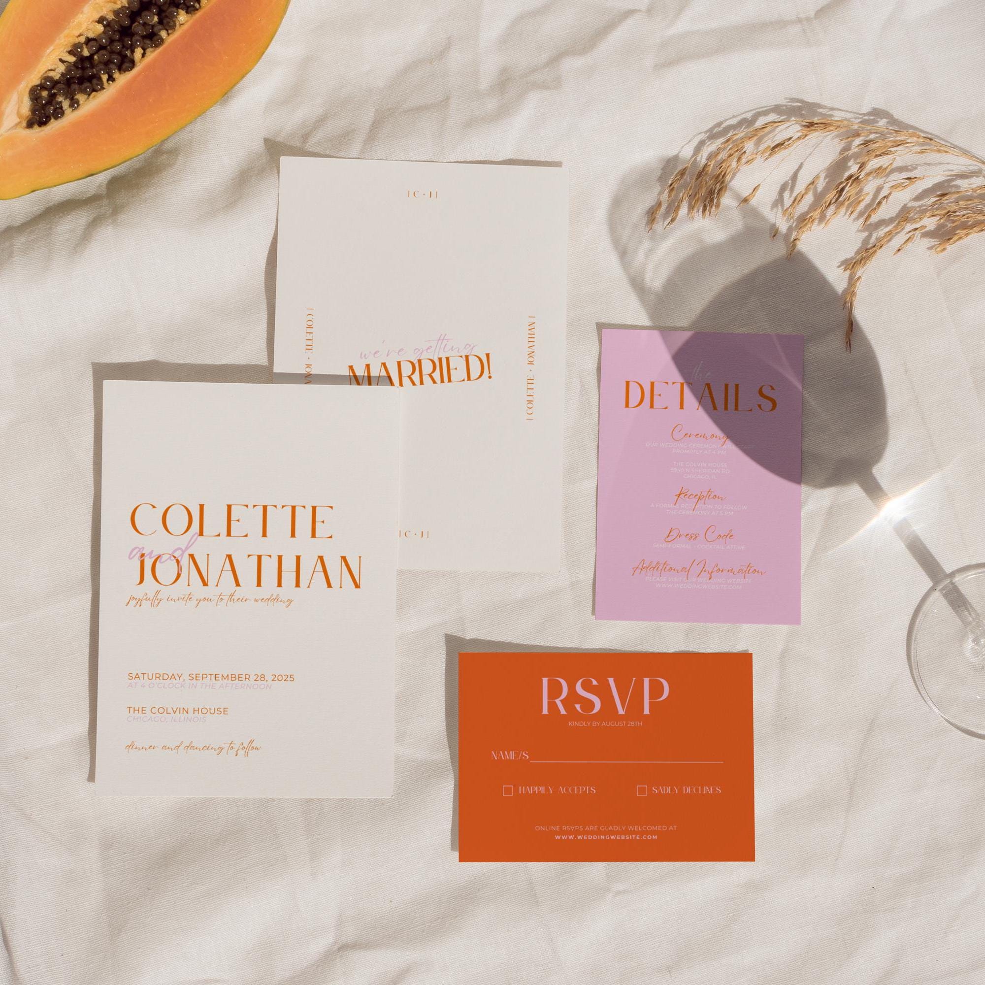 Modern Destination Wedding Invitation Template • Fun Retro Colorful