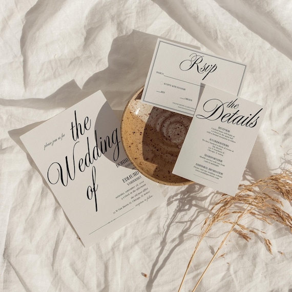 Classic Old Money Wedding Invitation Suite Luxury Black White Invitation Suite Elegant Modern Minimalist Wedding Invitation Template -BO10