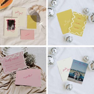 Pode incluir: Quatro designs diferentes de convites de casamento com um esquema de cores rosa, amarelo e branco. Os convites apresentam uma fonte manuscrita e um design ondulado e abstrato. Os convites incluem uma foto do casal, um cart&atilde;o de guardar a data e um cart&atilde;o RSVP.