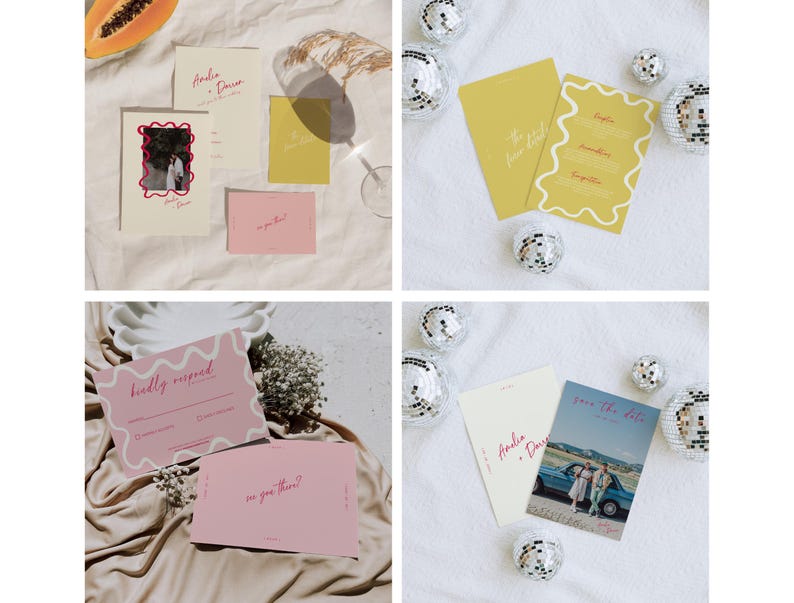 Pode incluir: Quatro designs diferentes de convites de casamento com um esquema de cores rosa, amarelo e branco. Os convites apresentam uma fonte manuscrita e um design ondulado e abstrato. Os convites incluem uma foto do casal, um cart&atilde;o de guardar a data e um cart&atilde;o RSVP.